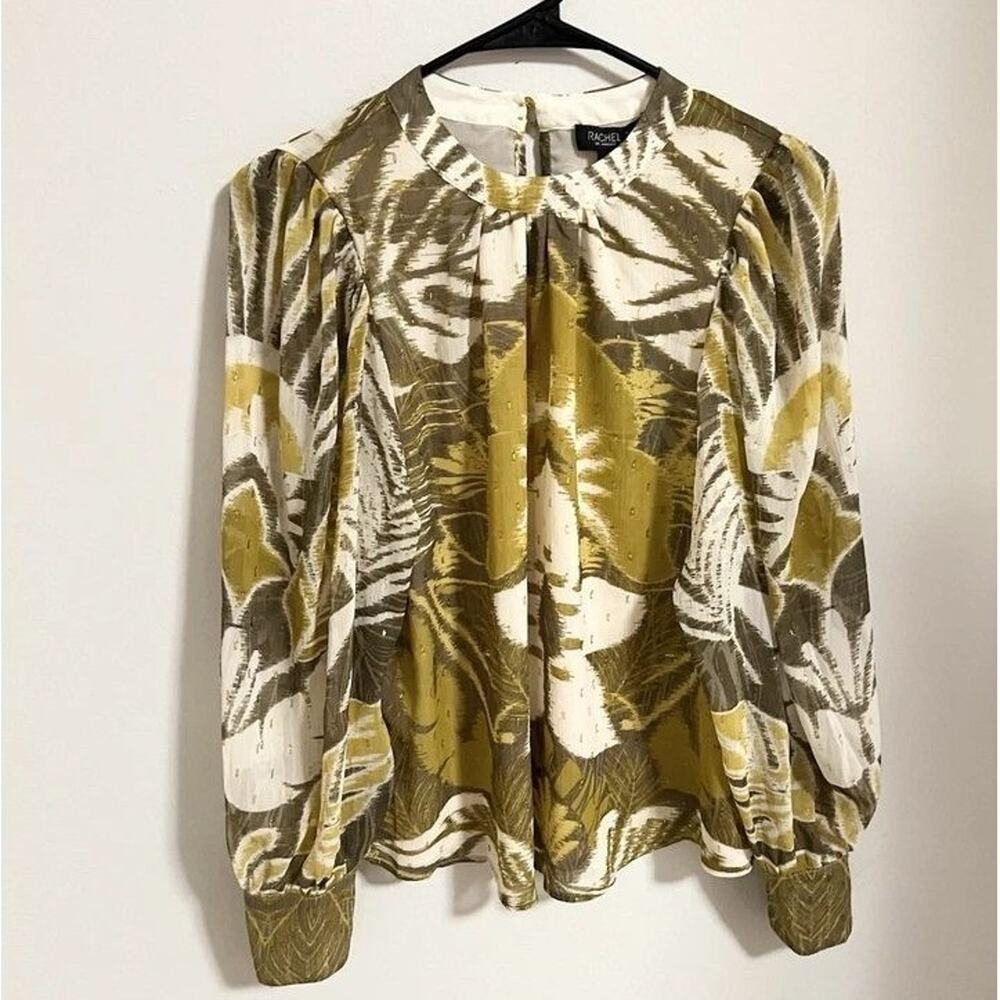 Rachel‎ Zoe Tropical Leaf Printed Blouse Long Sleeve Mock Neck Top Womens M NWOT